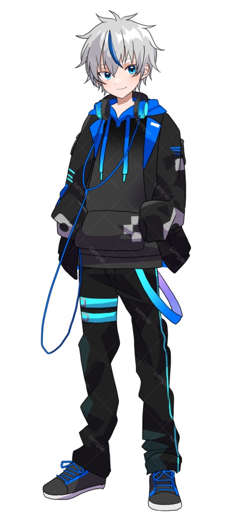 立ち絵素材 白髪/青目/メッシュ/パーカー/ヘッドホン/MP4