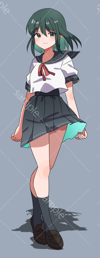 立ち絵素材 制服/セーラー服/緑髪/セミロング/メガネ - 使いやすい立ち