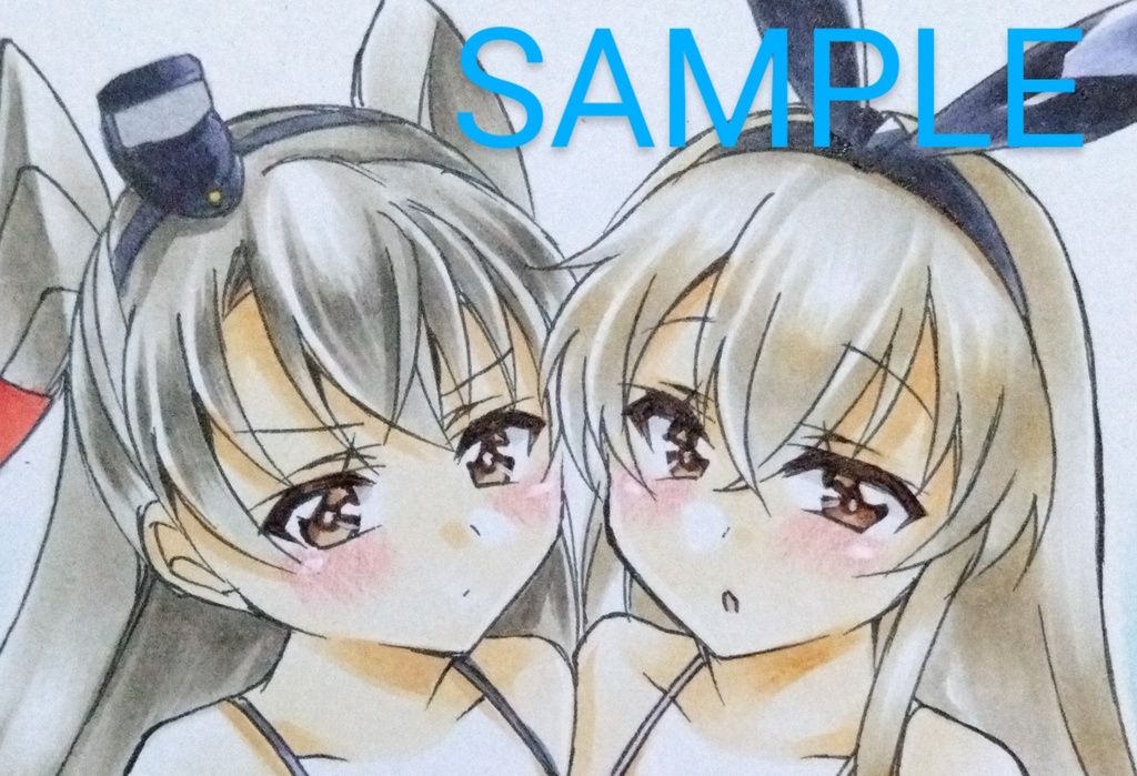 【手描きイラスト原画】艦隊これくしょん(艦これ):島風＆天津風(水着mode)【小色紙】