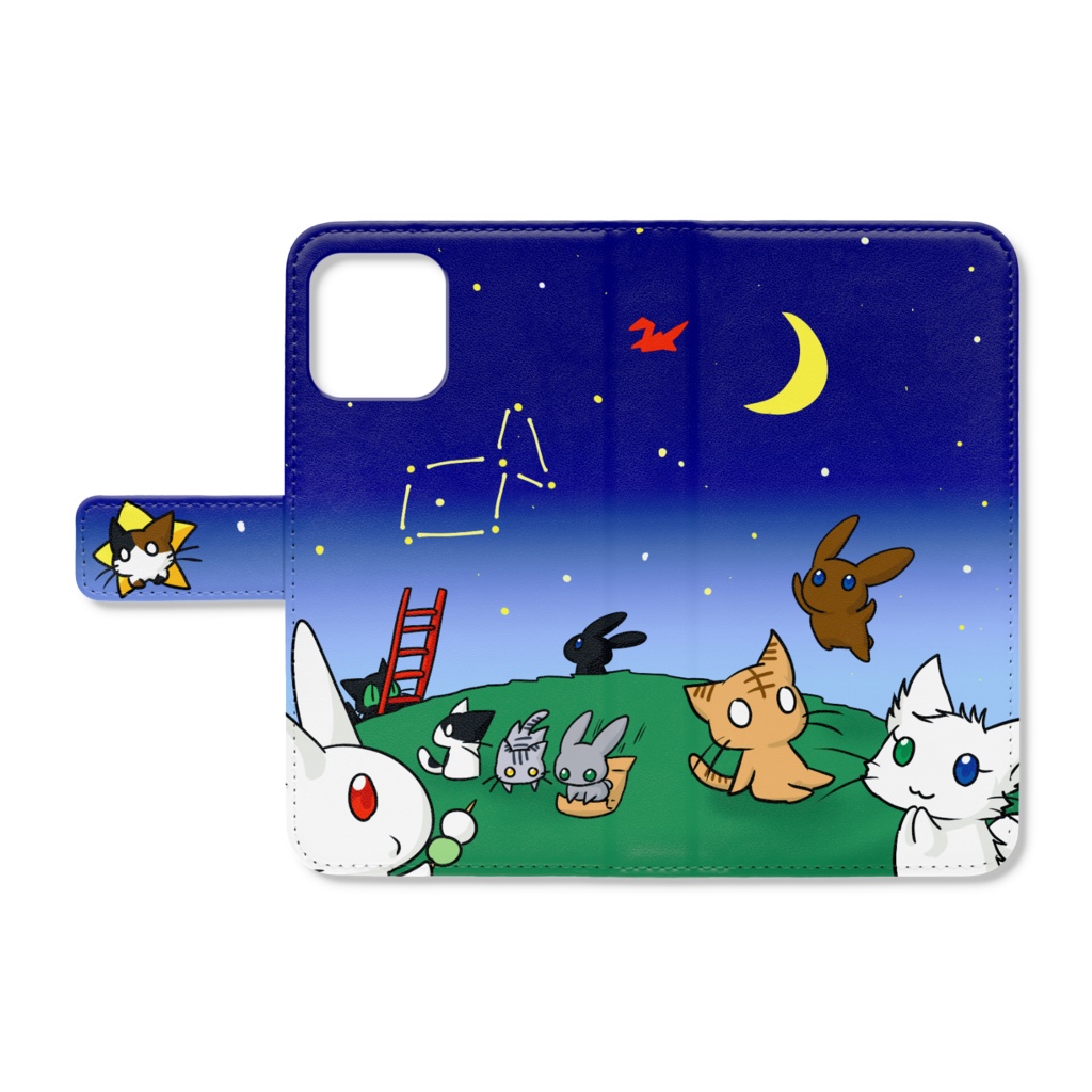 ねこうさiPhoneケース 天体観測（青）