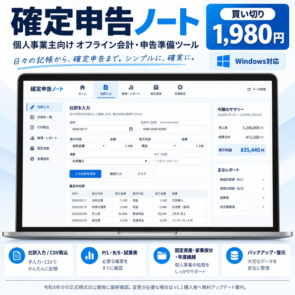 確定申告ノート v1.1＋消費税ノート｜個人事業主向け・買い切り・オフライン帳簿ソフト