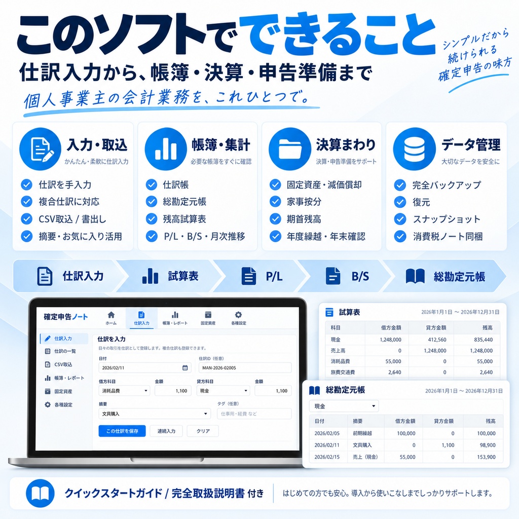 確定申告ノート v1.1+消費税ノート|個人事業主向け・買い切り・オフライン帳簿ソフト