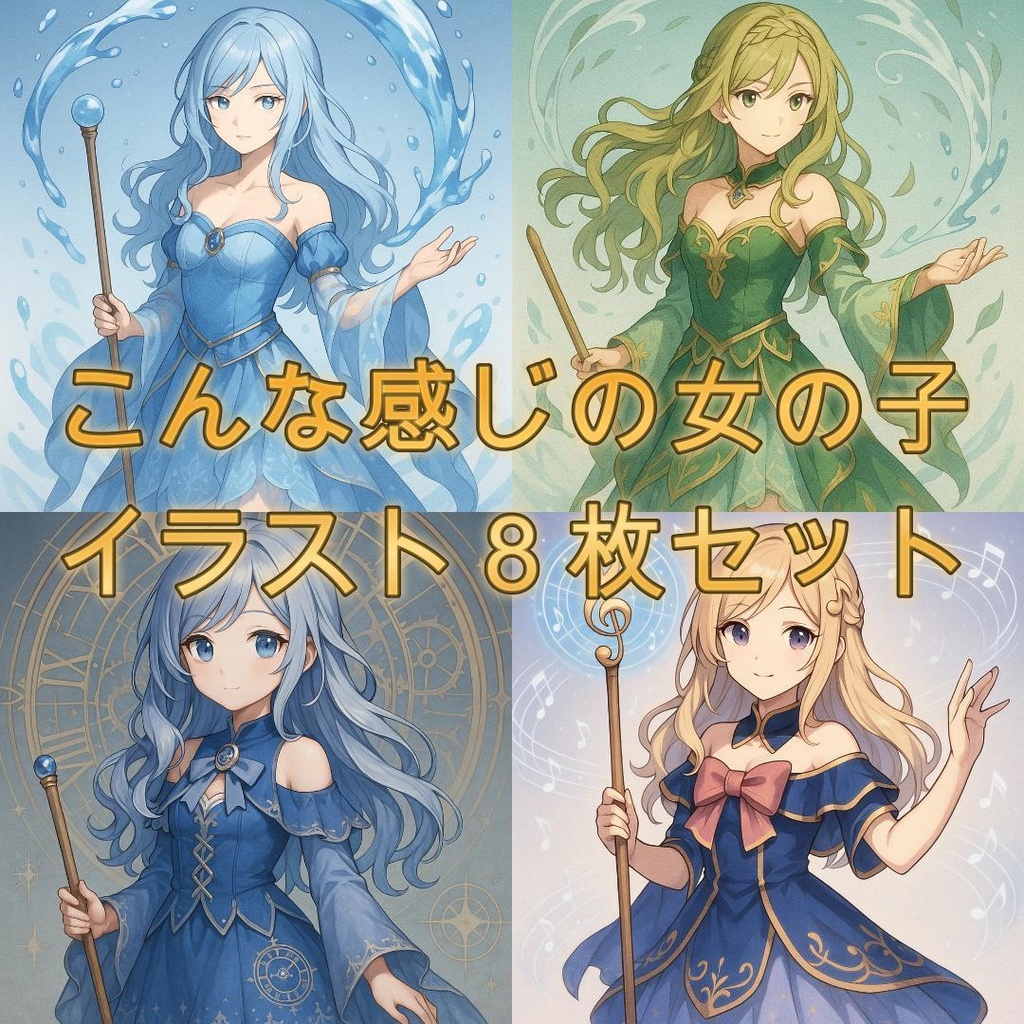【8体セット】杖を持った属性女性キャラ【Bパック】(1024×1024)