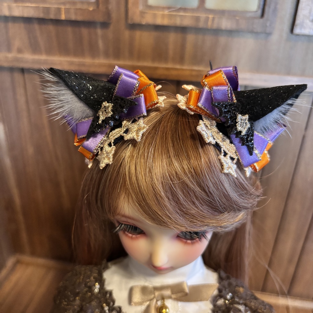 猫耳ヘアアクセサリー〈黒×ハロウィンカラー〉