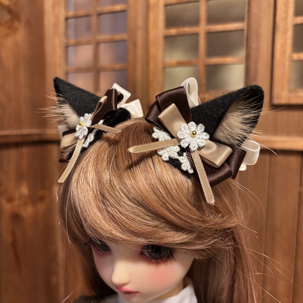 猫耳ヘアアクセサリー〈黒×茶色〉フラワー真ん中金色