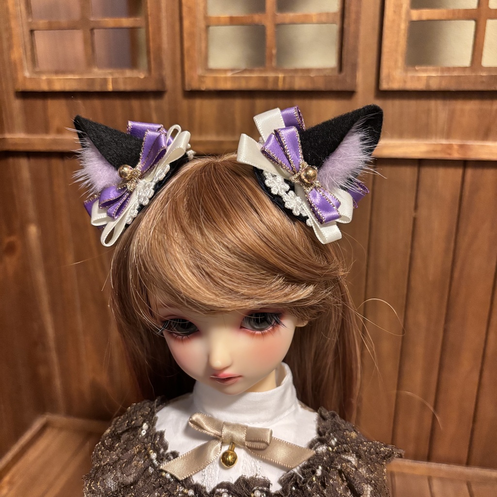 猫耳ヘアアクセサリー〈黒×紫〉花モチーフ