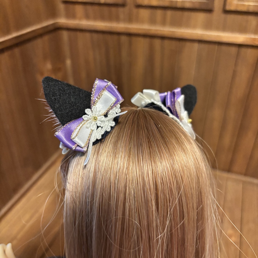 猫耳ヘアアクセサリー〈黒×紫〉花モチーフ