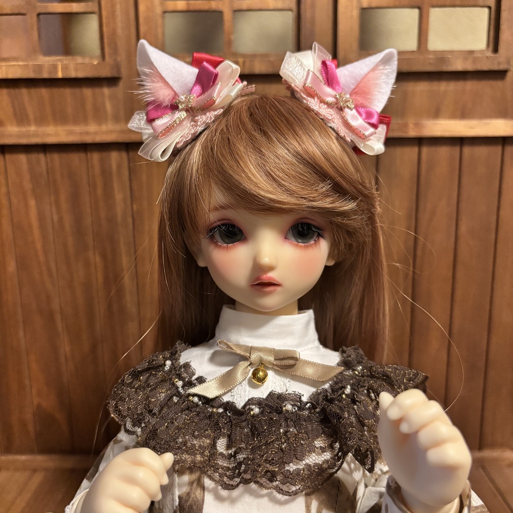 猫耳ヘアアクセサリー〈白×ピンク〉花モチーフ
