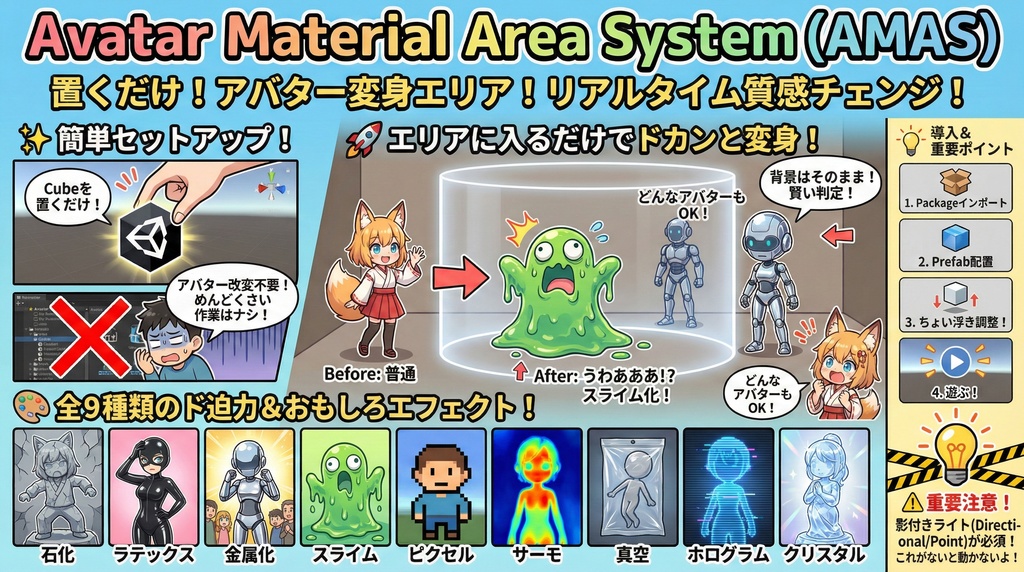 【VRChatワールドギミック】Avatar Material Area System (AMAS) ~置くだけでアバターの質感が激変!リアルタイム変身エフェクト~
