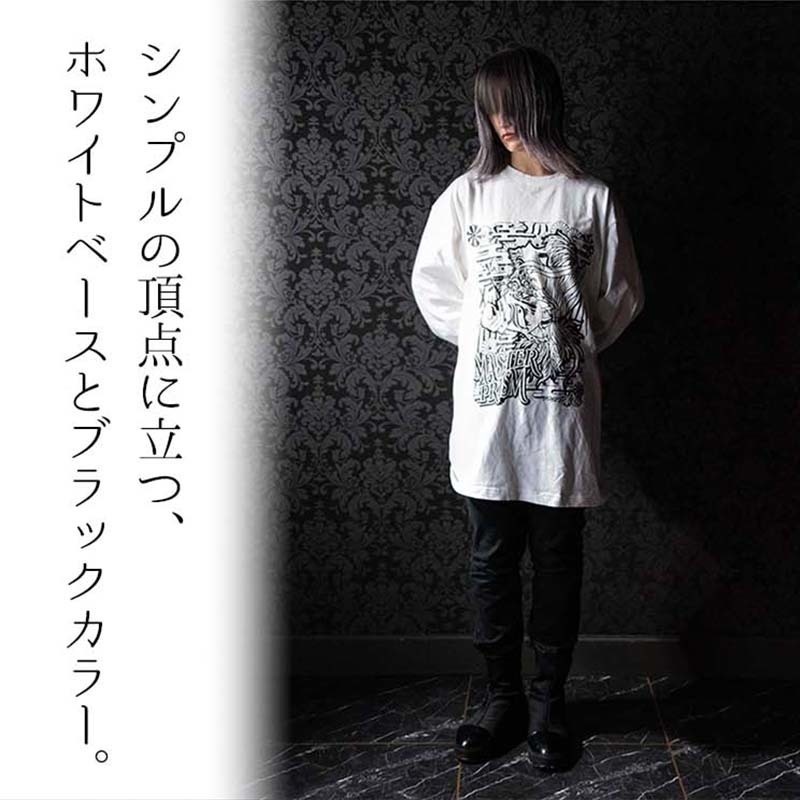 ★セール対象★ 送料無料 MASTER PRISM マスタープリズム KON×KON×KON コン×コン×コン 和柄 和風 プリントTシャツ 白 ホワイト ロンT ロングTシャツ トップス ビッグサイズ ビッグシルエット 大きめ ゆったり XL おしゃれ かわいい 狐 キツネ 狐面 タトゥー 刺青 サブカル 個性 オリジナル ブランド