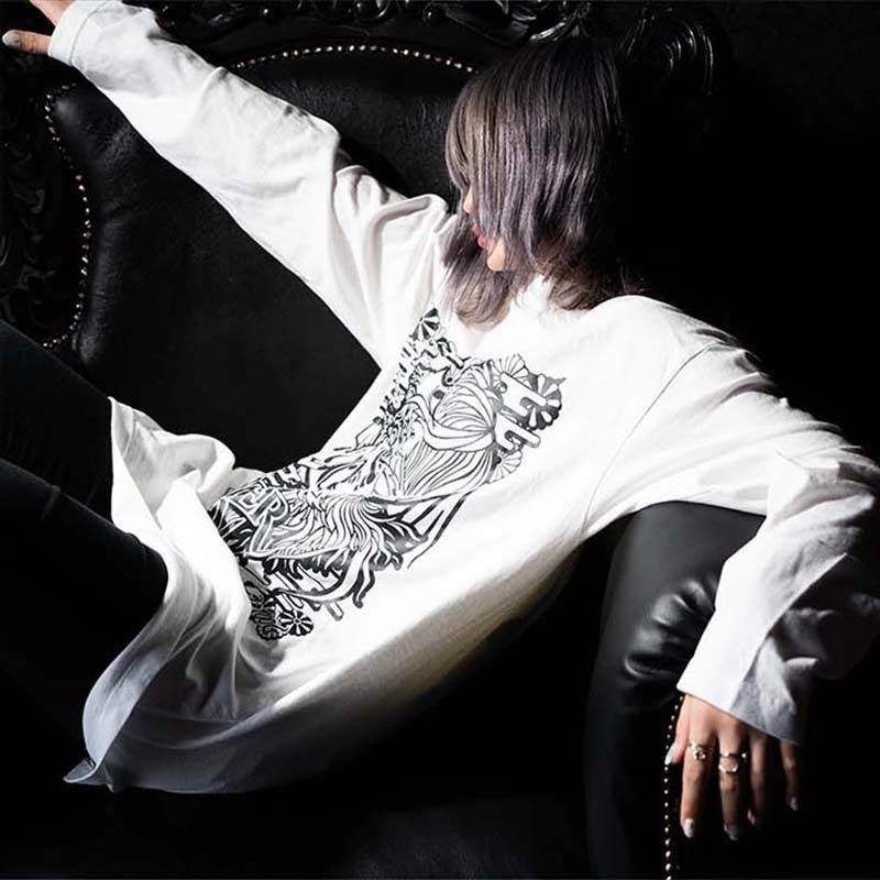 ★セール対象★ 送料無料 MASTER PRISM マスタープリズム KON×KON×KON コン×コン×コン 和柄 和風 プリントTシャツ 白 ホワイト ロンT ロングTシャツ トップス ビッグサイズ ビッグシルエット 大きめ ゆったり XL おしゃれ かわいい 狐 キツネ 狐面 タトゥー 刺青 サブカル 個性 オリジナル ブランド