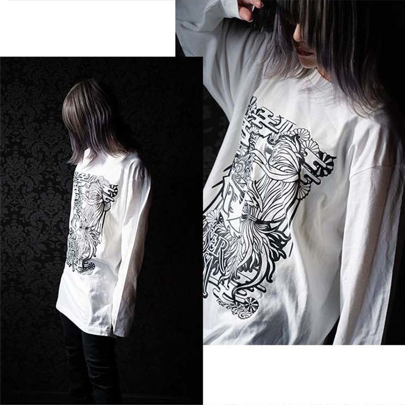 ★セール対象★ 送料無料 MASTER PRISM マスタープリズム KON×KON×KON コン×コン×コン 和柄 和風 プリントTシャツ 白 ホワイト ロンT ロングTシャツ トップス ビッグサイズ ビッグシルエット 大きめ ゆったり XL おしゃれ かわいい 狐 キツネ 狐面 タトゥー 刺青 サブカル 個性 オリジナル ブランド