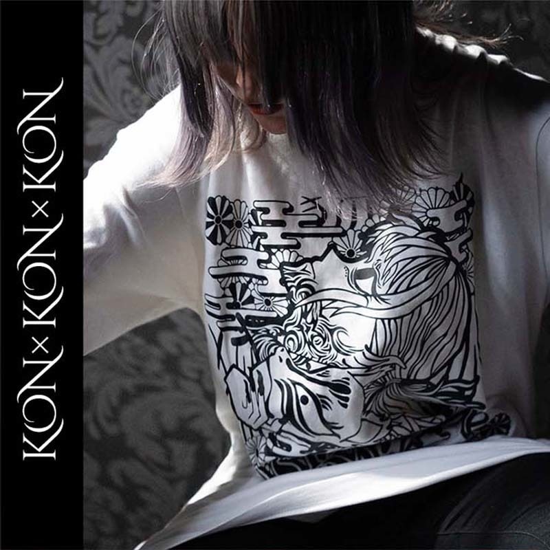 ★セール対象★ 送料無料 MASTER PRISM マスタープリズム KON×KON×KON コン×コン×コン 和柄 和風 プリントTシャツ 白 ホワイト ロンT ロングTシャツ トップス ビッグサイズ ビッグシルエット 大きめ ゆったり XL おしゃれ かわいい 狐 キツネ 狐面 タトゥー 刺青 サブカル 個性 オリジナル ブランド