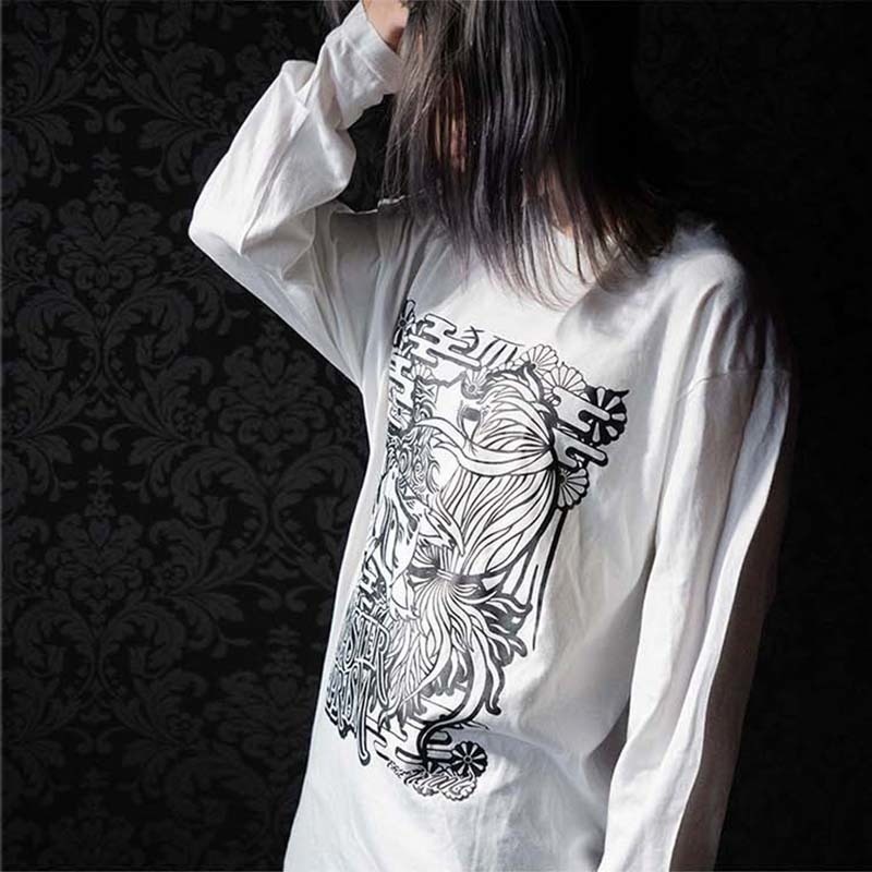 ★セール対象★ 送料無料 MASTER PRISM マスタープリズム KON×KON×KON コン×コン×コン 和柄 和風 プリントTシャツ 白 ホワイト ロンT ロングTシャツ トップス ビッグサイズ ビッグシルエット 大きめ ゆったり XL おしゃれ かわいい 狐 キツネ 狐面 タトゥー 刺青 サブカル 個性 オリジナル ブランド