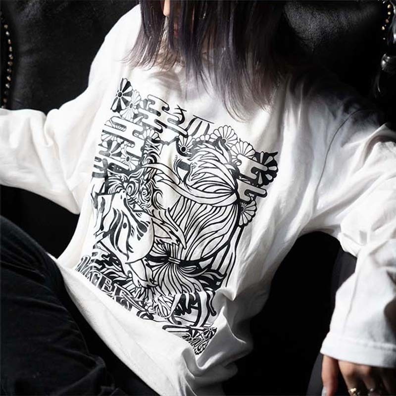 ★セール対象★ 送料無料 MASTER PRISM マスタープリズム KON×KON×KON コン×コン×コン 和柄 和風 プリントTシャツ 白 ホワイト ロンT ロングTシャツ トップス ビッグサイズ ビッグシルエット 大きめ ゆったり XL おしゃれ かわいい 狐 キツネ 狐面 タトゥー 刺青 サブカル 個性 オリジナル ブランド