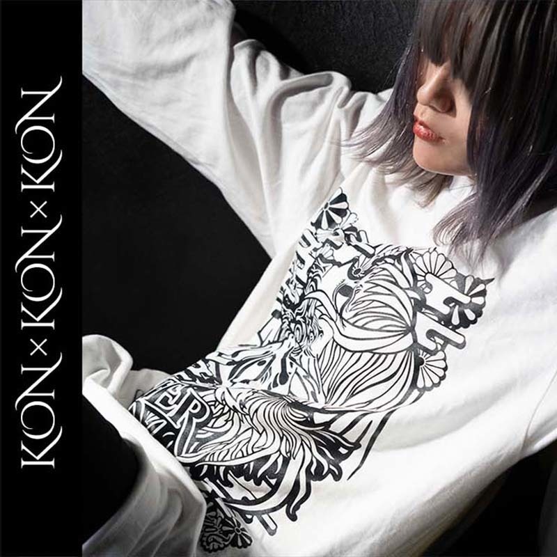 ★セール対象★ 送料無料 MASTER PRISM マスタープリズム KON×KON×KON コン×コン×コン 和柄 和風 プリントTシャツ 白 ホワイト ロンT ロングTシャツ トップス ビッグサイズ ビッグシルエット 大きめ ゆったり XL おしゃれ かわいい 狐 キツネ 狐面 タトゥー 刺青 サブカル 個性 オリジナル ブランド