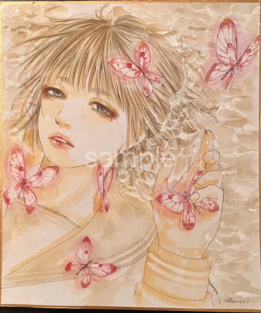 中色紙原画イラスト「赤い蝶」