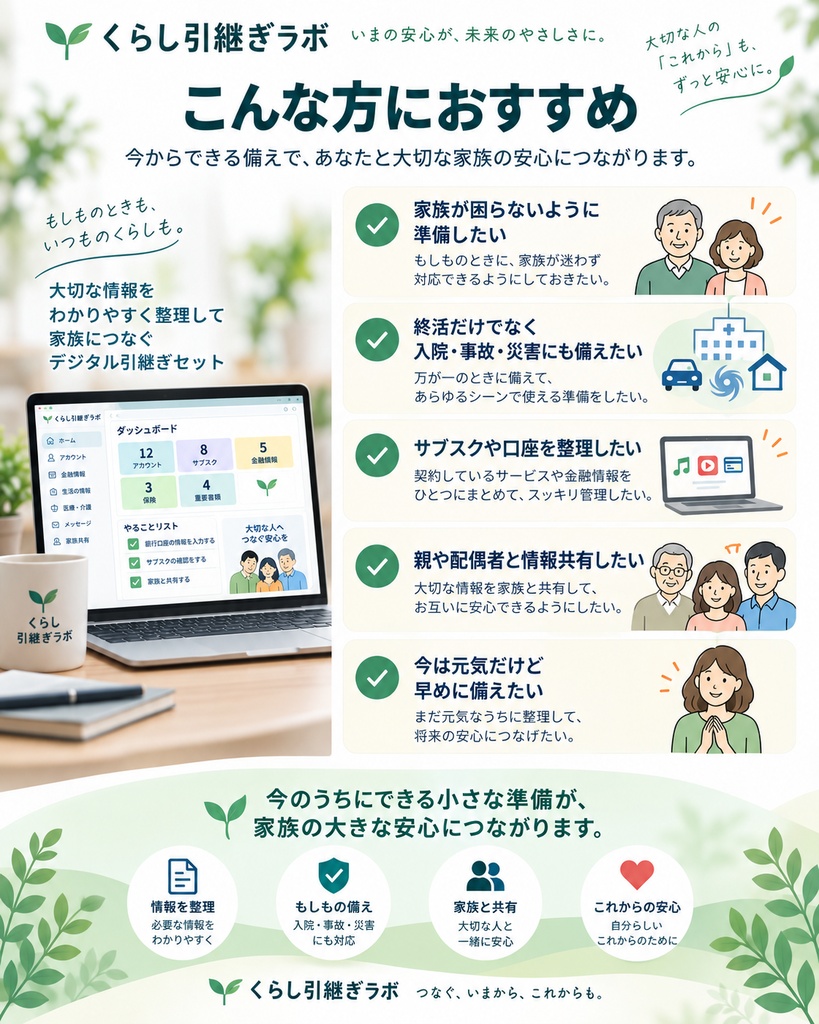 【3分で始める】家族が困らないデジタル引継ぎセット|入院・事故・災害・長期不在の備え|Excel+PDF