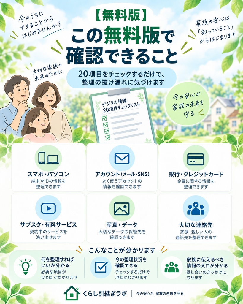 【無料】家族に伝えておきたいデジタル情報20項目チェックリスト|入院・事故・災害・もしもの時の備え
