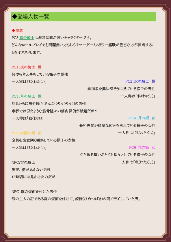 マーダーミステリー(PL6)「狂騒の仮面舞踏会 第二幕」