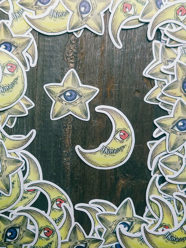 レトロな手描き風ステッカー - 星と月