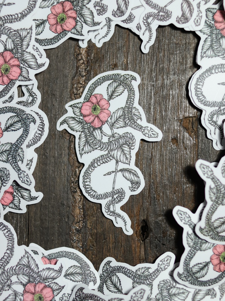 レトロな手描き風ステッカー - 蛇の骨と花