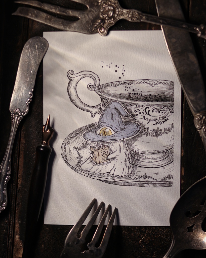 葉書 - 小さな妖精とティーカップ