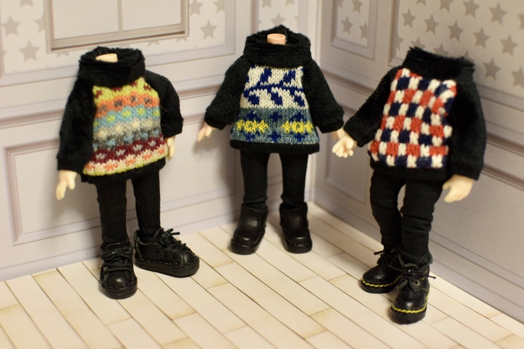 オビツ11サイズ 柄ニット×ボア タートルネックトレーナー