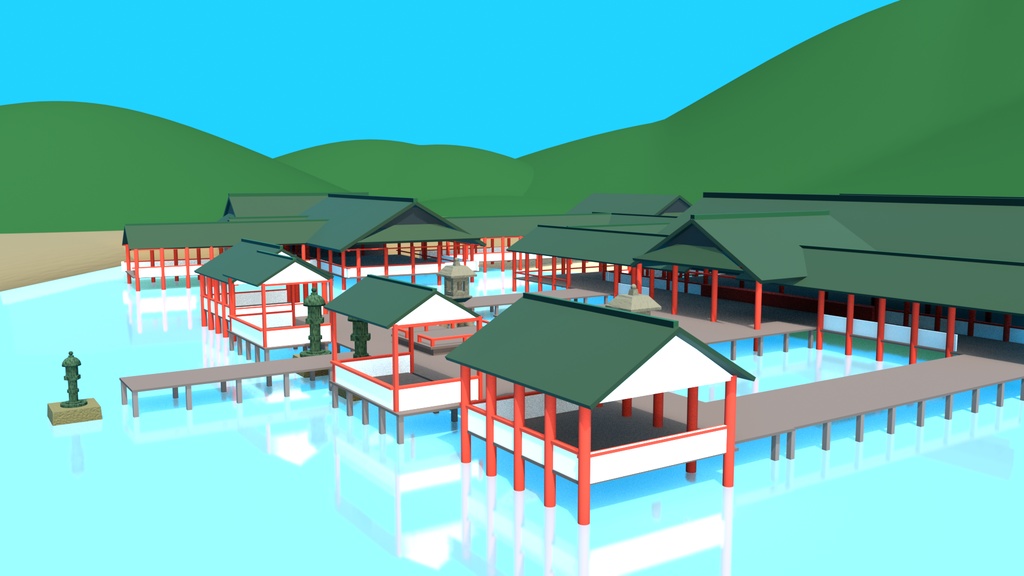 大鳥居+水上の神社(厳島神社っぽい)3Dモデル