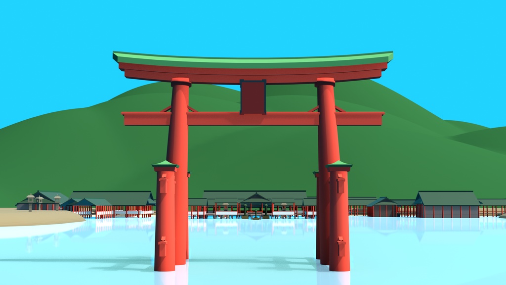 大鳥居+水上の神社(厳島神社っぽい)3Dモデル