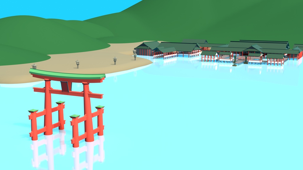 大鳥居+水上の神社(厳島神社っぽい)3Dモデル