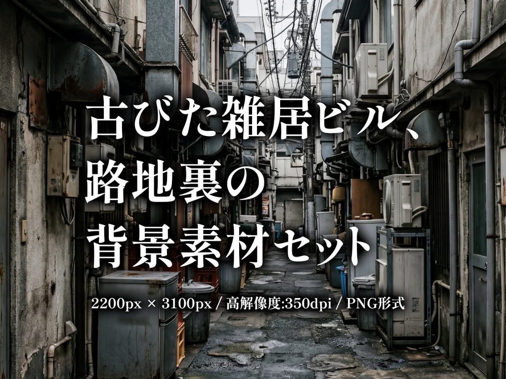 【印刷可】古びた雑居ビル・路地裏の背景素材セット