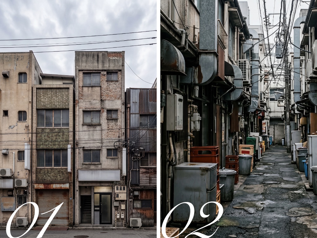 【印刷可】古びた雑居ビル・路地裏の背景素材セット