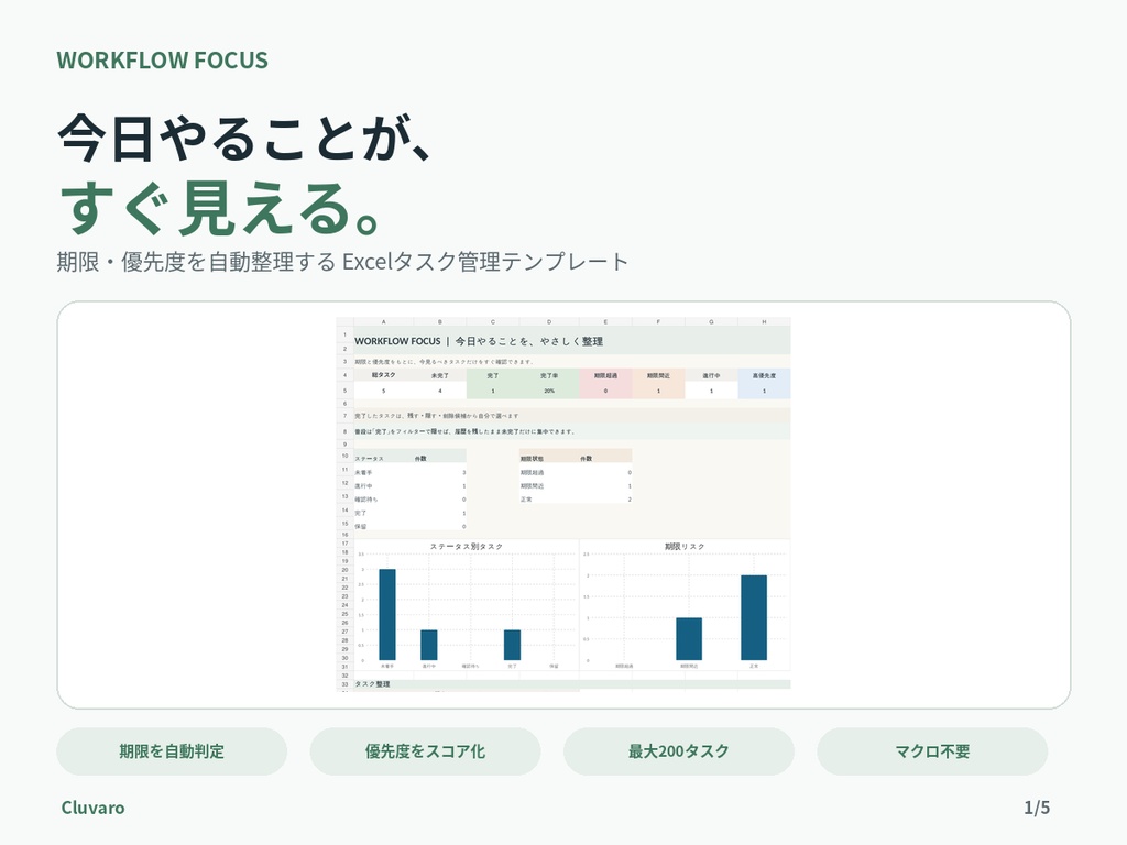 WORKFLOW FOCUS｜期限・優先度がひと目でわかる Excelタスク管理テンプレート