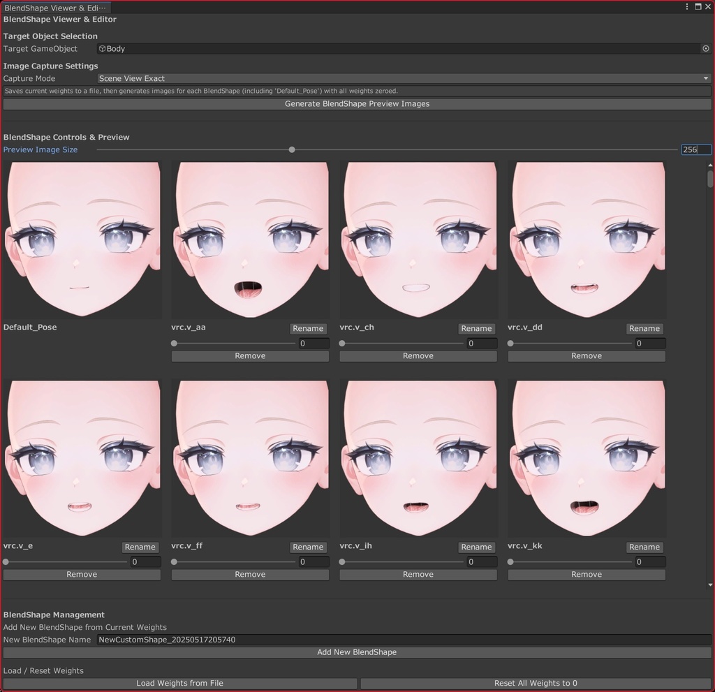 BlendShapeを画像一覧で表示して追加/削除/リネームが行えるやつ