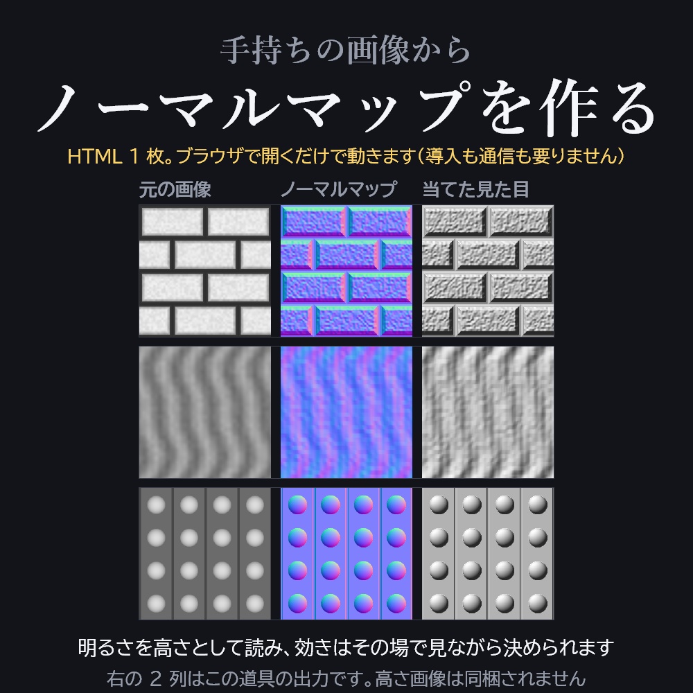 ノーマルマップ変換器 —— 画像から凹凸を作る【ブラウザで動く / 同じ店に無料の道具あり / Y+ Y− 両対応 / Unity / VRChat】