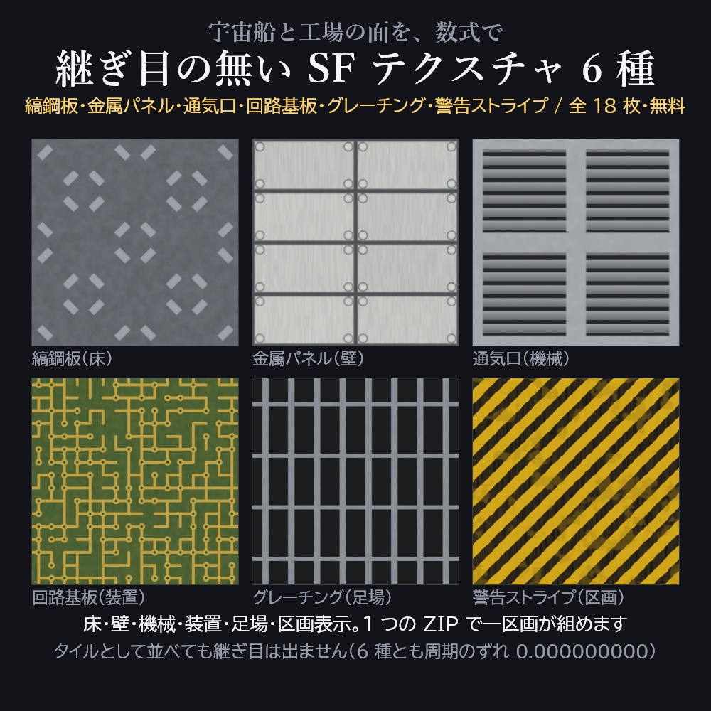 継ぎ目の無い SF テクスチャ 6 種 × 2 色 + ノーマル(1024px・全 18 枚)