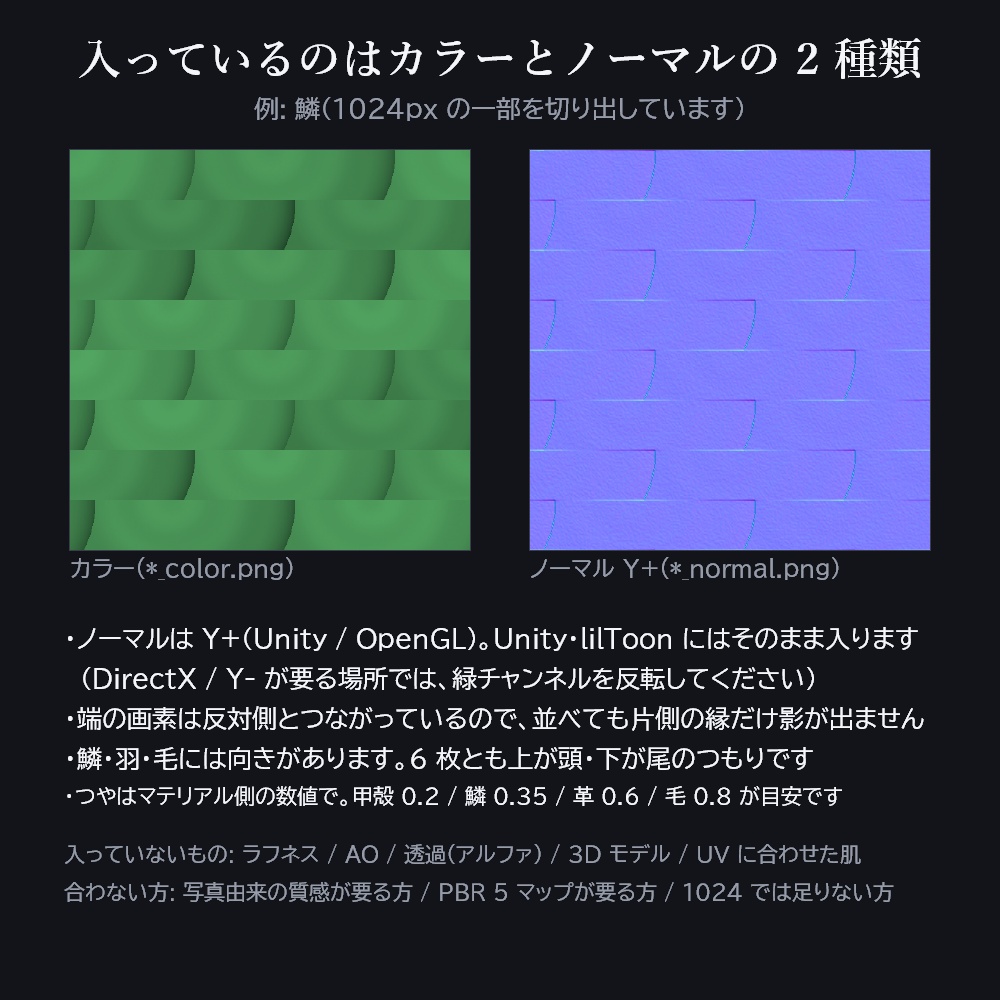 継ぎ目の無い 生きもののきめ 6種(鱗・爬虫類の皮・なめし革・毛・羽・甲殻)× 2色 + ノーマル 全18枚【1024px / 無料 / VRChat / Unity / Blender】