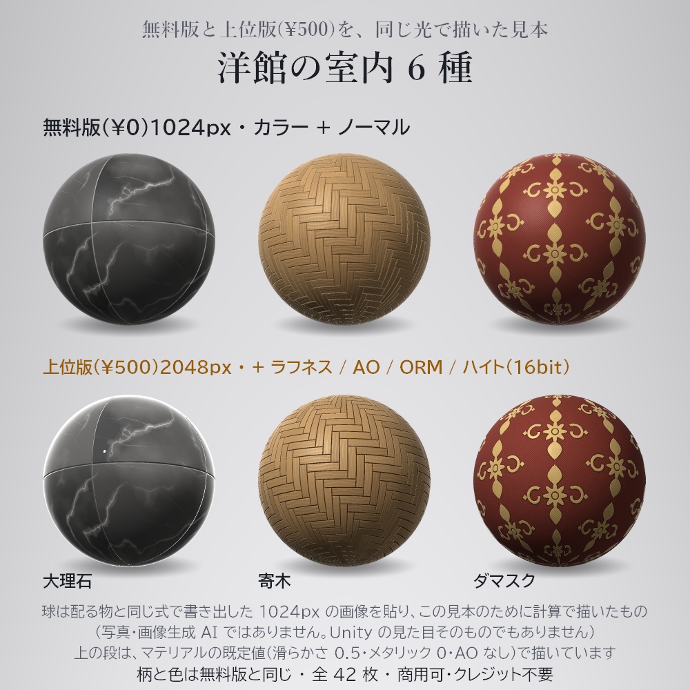 洋館の室内テクスチャ 6 種【2048px PBR・Unity 用マテリアル付き / 無料版あり】大理石・市松・寄木・羽目板・ダマスク・カーペット