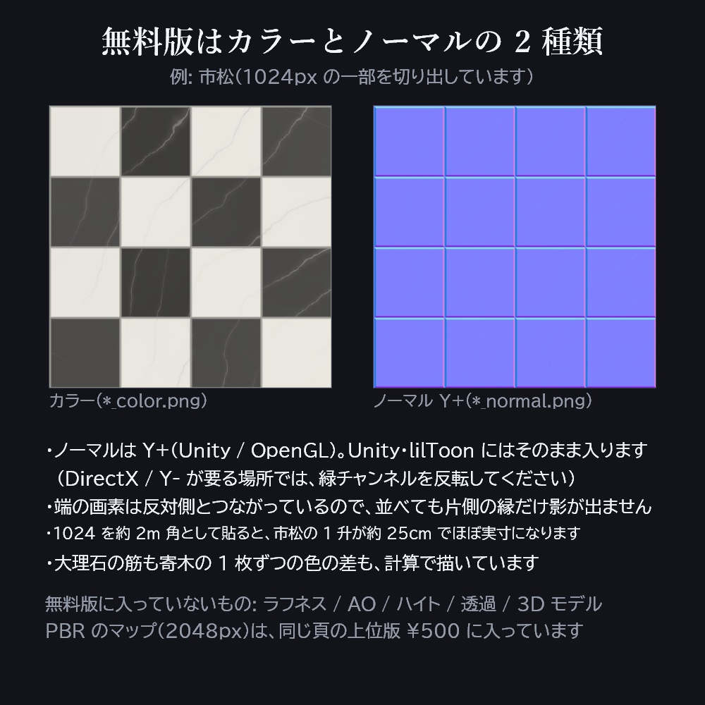洋館の室内テクスチャ 6 種【2048px PBR・Unity 用マテリアル付き / 無料版あり】大理石・市松・寄木・羽目板・ダマスク・カーペット