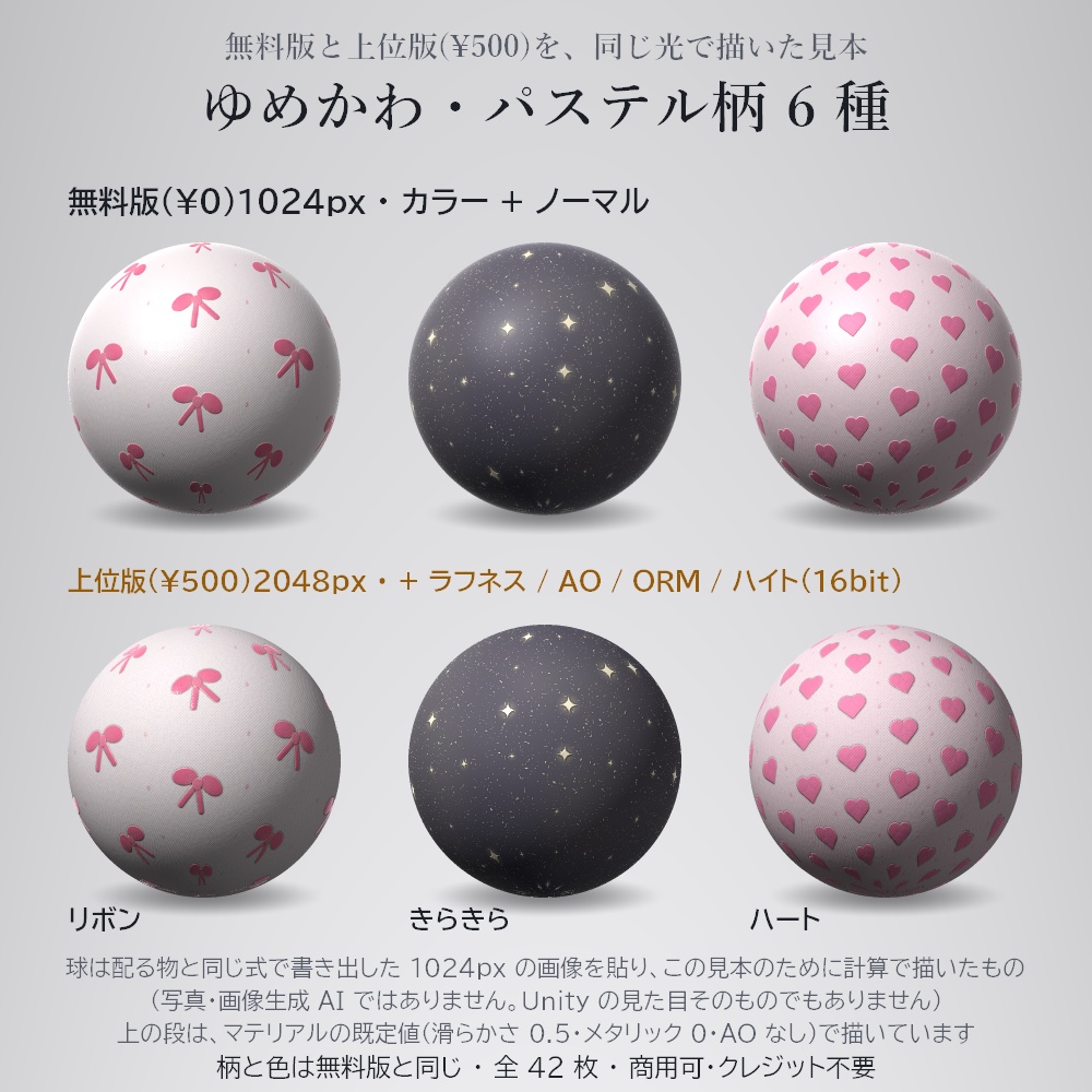 ゆめかわ・パステル柄テクスチャ 6 種【2048px PBR・Unity 用マテリアル付き / 無料版あり】ハート・星・雲・レース・リボン・きらきら