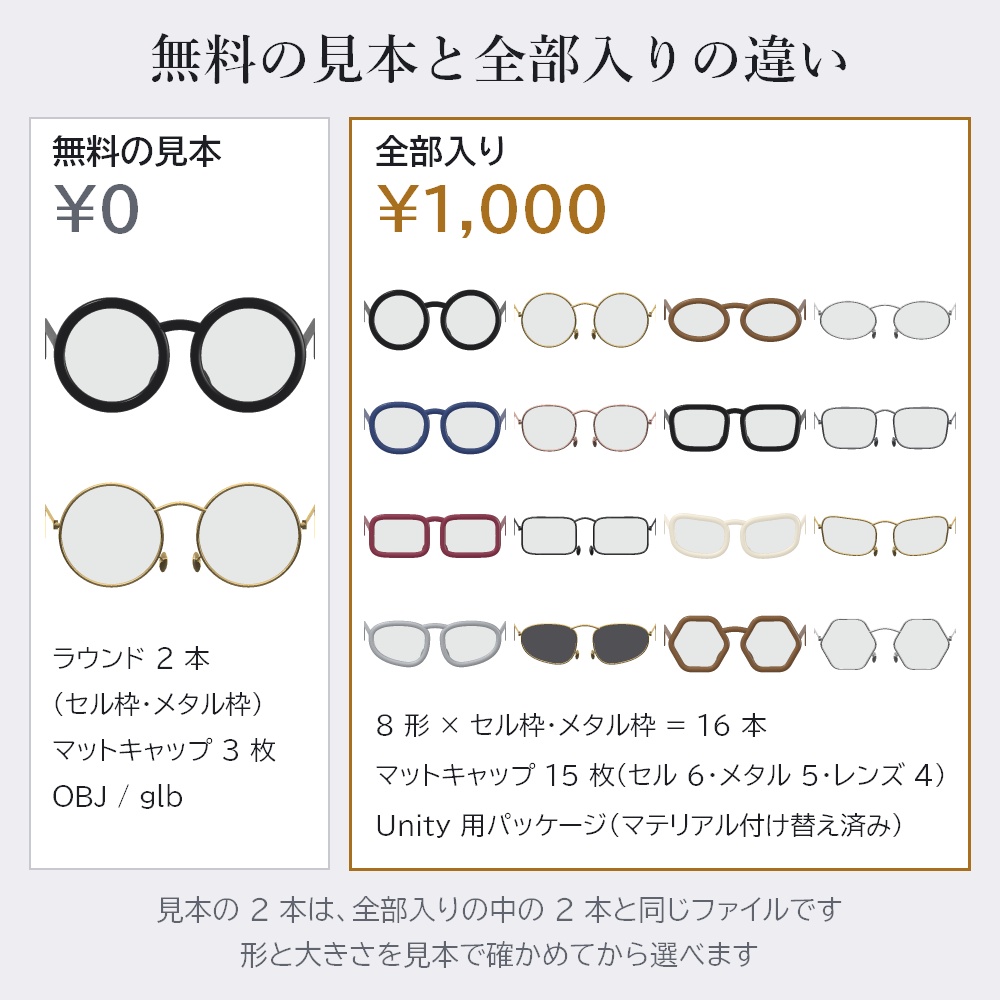 メガネ 16 種 3Dモデル(セル枠・メタル枠 × 8 形)【OBJ / glb・Unity 用・マットキャップ付き・商用可】