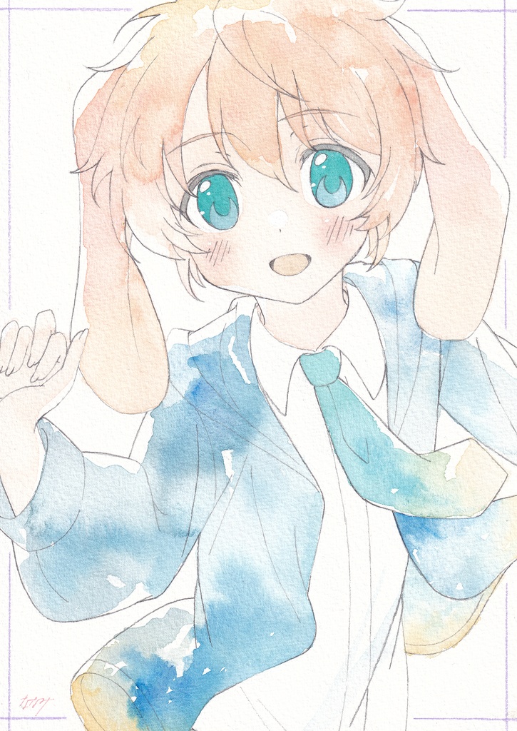 【アナログ原画】ピンクうさぎの男の子