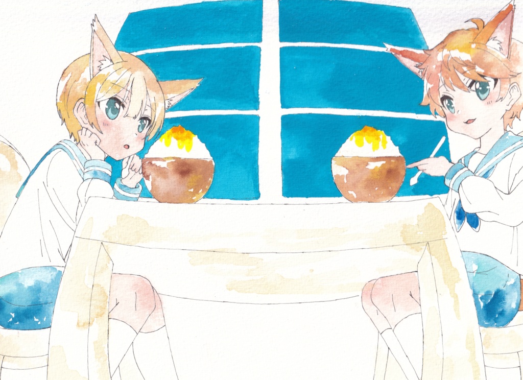 【アナログ原画】お揃いレモンかき氷