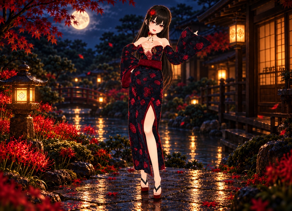 Sexy Red and Black Spider Lily Kimono/Yukata