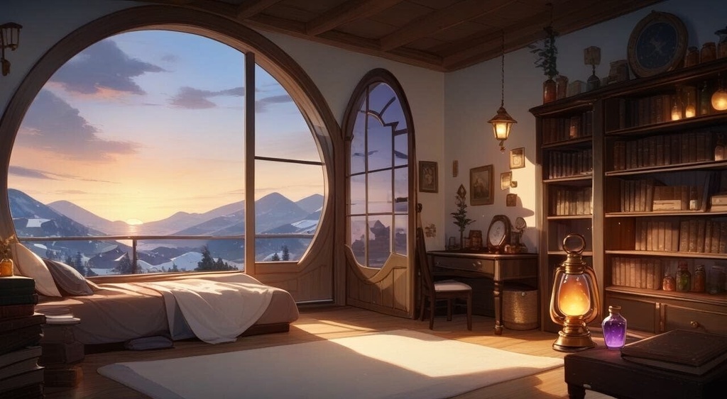 【背景素材】茜色に染まる夕暮れの魔法使いの部屋