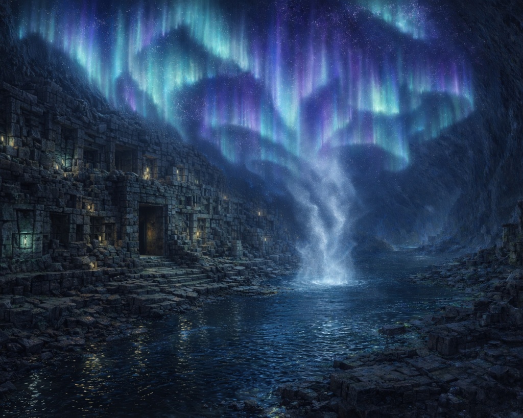 地下オーロラの石造アーカイブ / 幻想風景 壁紙+印刷用データ(7枚セット) / Subterranean Aurora Vault - Fantasy Wallpapers + Print Master (7 JPGs)