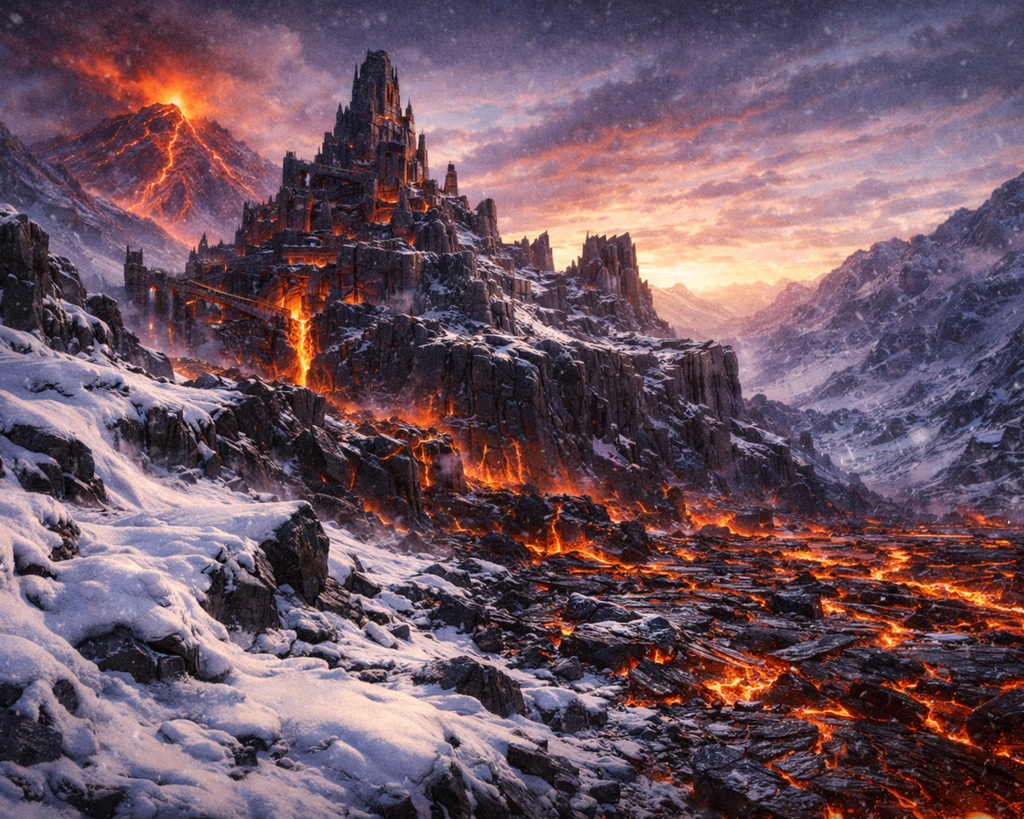 熔岩雪原の城塞 / 幻想風景 壁紙+印刷用データ(7枚セット) Magma-Snow Citadel — Fantasy Wallpapers + Print Master (7 JPGs)