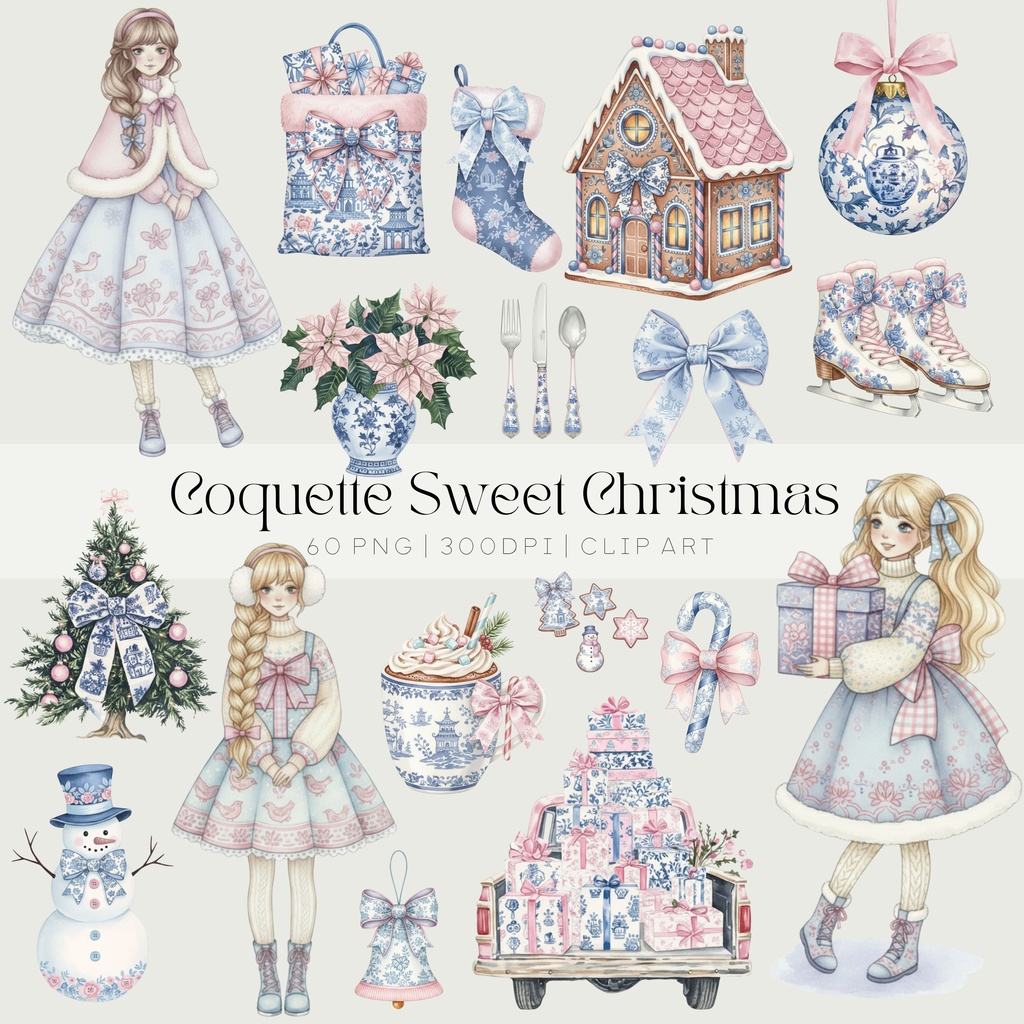 🎀Coquette Sweet Christmas |ピンク×ブルーのシノワズリ風クリスマスクリップアート🎀