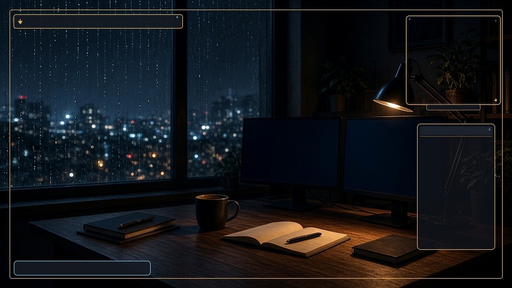 【VTuber】ミッドナイトデスク 配信オーバーレイ|窓の雨・ランプ|雑談/ゲーム+WebMアラート5種|商用可
